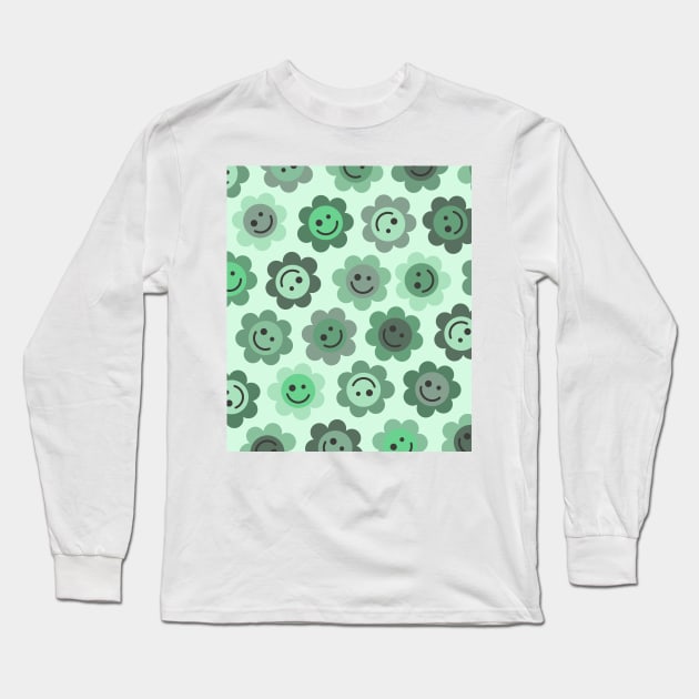 Greener Green Flower Happy Faces Long Sleeve T-Shirt by gray-cat